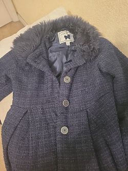 Janie and Jack Girl's Size 3-4 Blue Tweed Coat W Faux Fur Collar