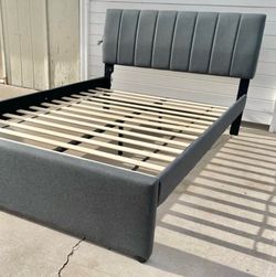 Nice New Full XL Channel Tufted Dark Gray Platform Bed Frame w/ LED Lighting & USB