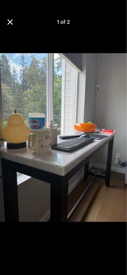 White marble top bar table + 3 cream colored chairs