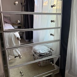 Tall   Five Drawer Mirrored Dresser. Silver Finish.