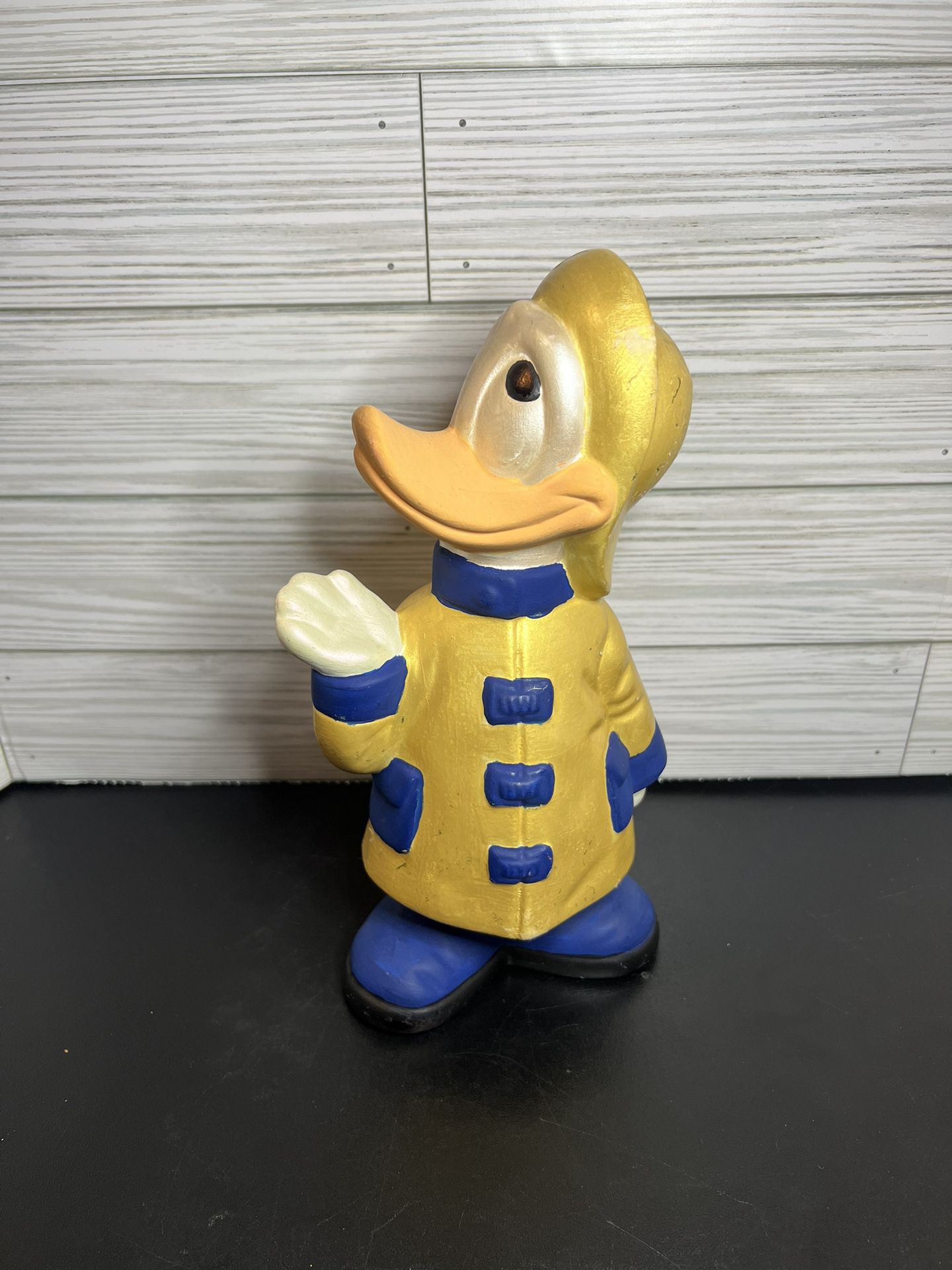 Vintage 1980s 9.5" Donald Duck Ceramic Figurine w/ Hand Painted Yellow Rain Coat