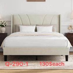 （Q-290-1）Bed Frame Queen Size, Queen Bed Frame with Headboard, Velvet Upholstered Wing Side Headboard