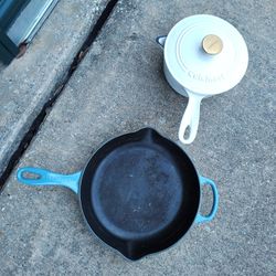 Vintage Cuisinart 2 Quart White Enameled Cast Iron Saucepan and skillet w/Lid
