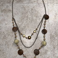 Gold And Wood Artistic 3 Tier Layered Long Necklace 