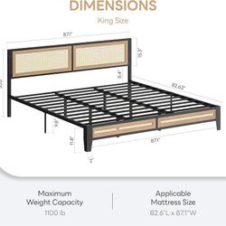 King Bed Frame, Boho Platform Bed with Rattan Headboard and Underbed Storage, Noise-Free Metal Slats, No Box Spring Needed, Easy Assembly