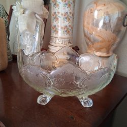 Jeannette Glass Lombardi Clear Glass Textured Footed Oval Fruit Bowl