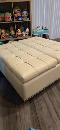 Cream Faux Leather Tufted Storage Ottoman with Lift Top FiveWillowise 31.5" Large Square