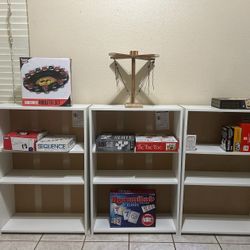 3 White Wood Book Shelves (Games Included/Or Not)