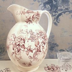 Large Antique Clementson Bros. Red Transfer-ware 12" Water Pitcher in Orleans Pattern