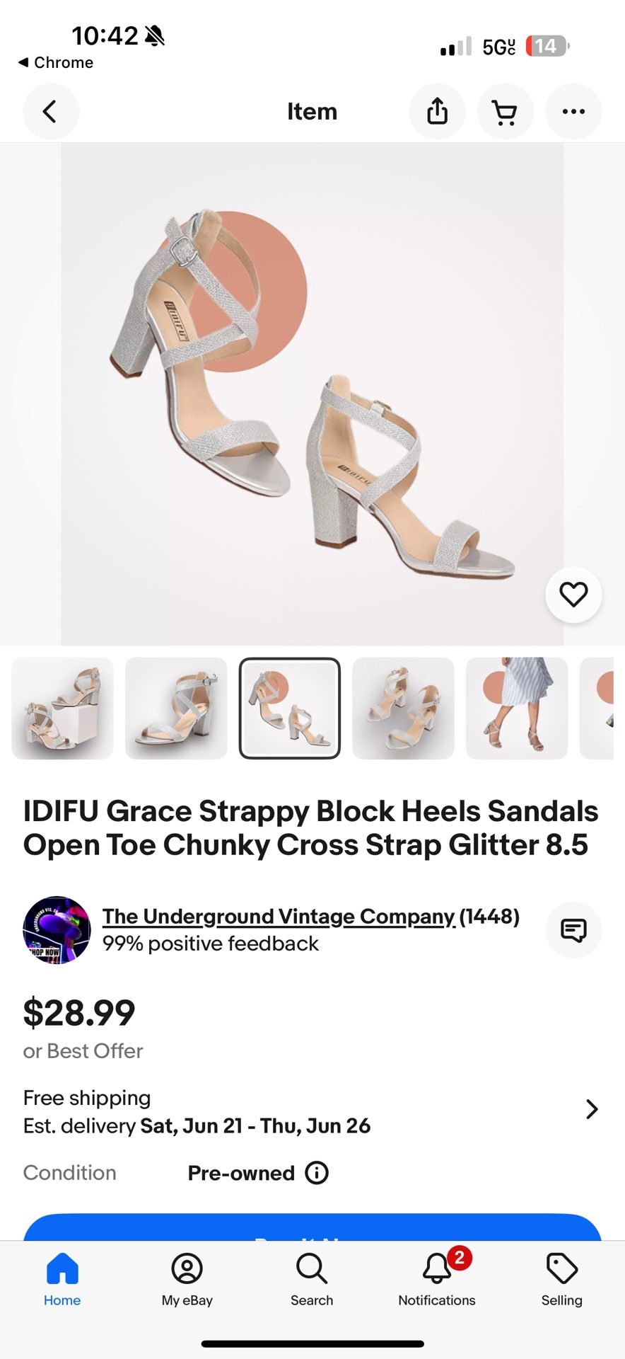 IDIFU Grace Strappy Block Heels Sandals Open Toe Chunky Cross Strap Glitter 8.5