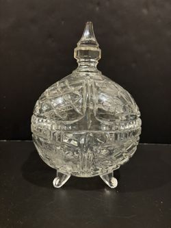 VTG Hand Cut/Etched Crystal Button/Diamond/Floral Footed Bowl w/Lid