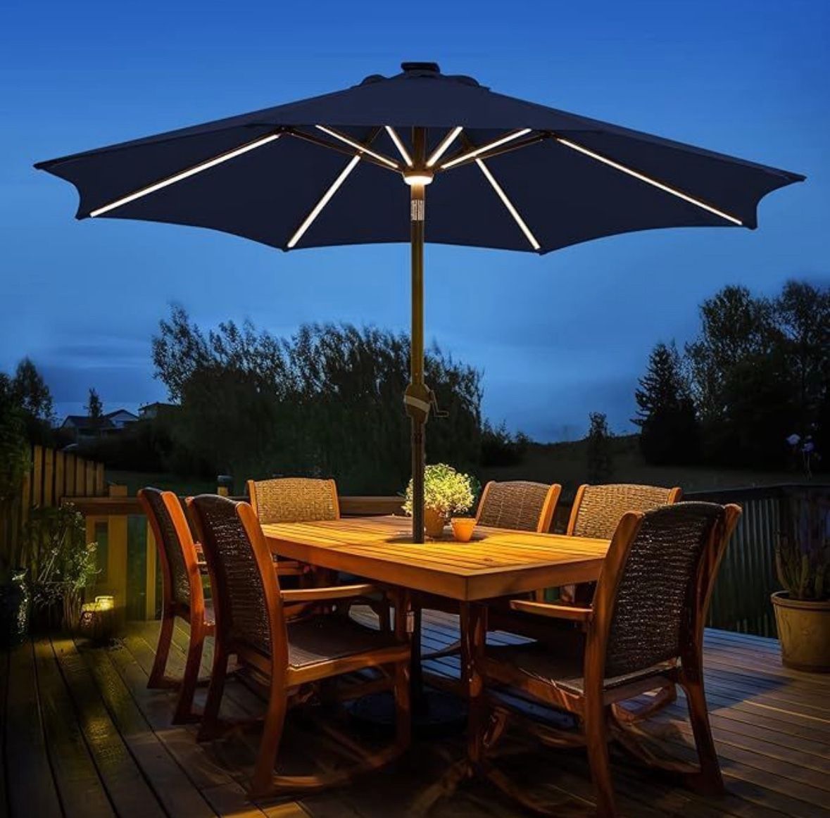 BLUU MAPLE 9 FT Outdoor Solar Patio Umbrella LED Table Umbrellas with 16 LED Strip Lights & Hub Light, Aluminum Frame, 3 YEARS Fade Resistance & UV Pr