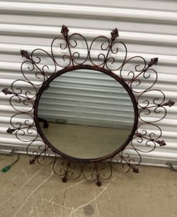 Decorative Metal Framed Round Mirror, Sunburst Boho/Vintage Wall Accent Mirror