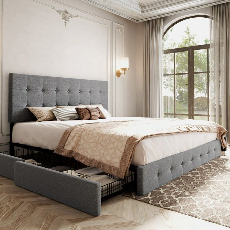  King Size Platform Bed Frame with 4 Drawers Storage and Headboard, Square Stitched Button Tufted, Light Grey