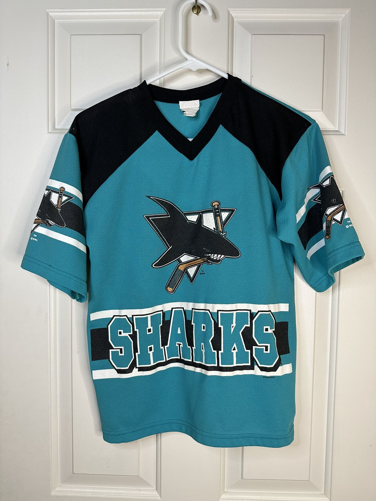 San Jose Sharks NHL Jersey Vintage Short Sleeve Teal Black White Kids XL 18-20