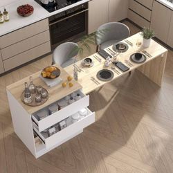 White Wood 94.5 in. W Kitchen Island Dining Bar Table With Table Top, Shelves, Drawers