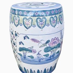 Vintage Ceramic Porcelain Garden Stool Pink Blue & Green Lotus Motif Lily Pad Birds