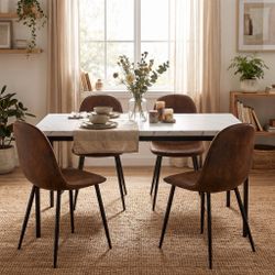 Homy Casa CAJON 150+CHARLTON 5-Piece Dining Set 59" White Marble Dining Table with 4 Charlton Brown Suede Chairs Open Box