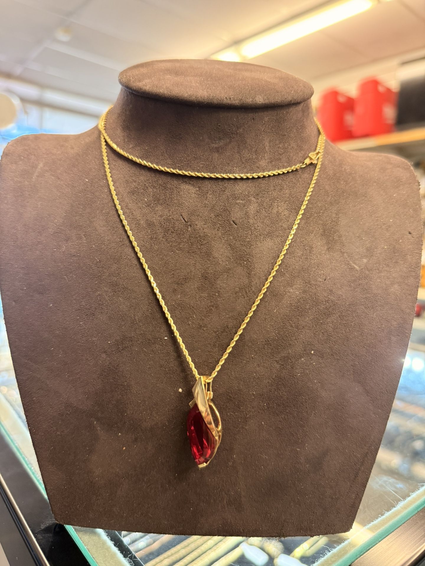 14KT Rope Necklace W/ Red Stone Pendant 41546-1