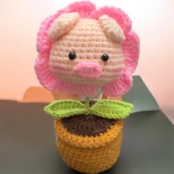Unique Pig with Pink Flower Petals Handmade Crochet Cute Gift Decoration