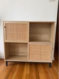 Modern Storage Cabinet with Sliding Rattan-Style Doors – Excellent Condition
