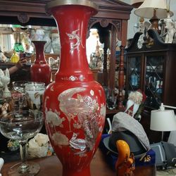 Vintage Vase Mother of Pearl Inlay Cloisonné  Enamel Large  Red 