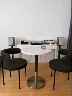 West Elm Marble Bistro Table + CB2 Bouclé Dining Chairs (Set of 2)