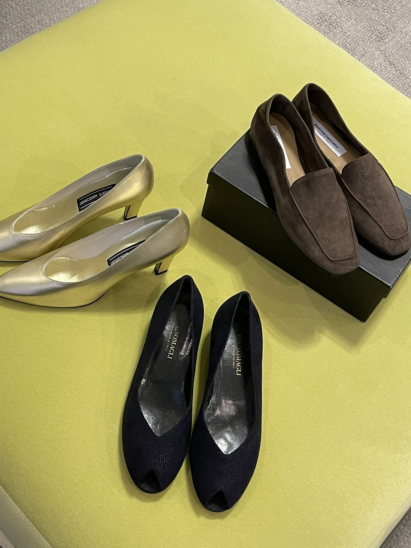 Collection of three new designer women’s shoes. Andrea Carrano leather loafers.