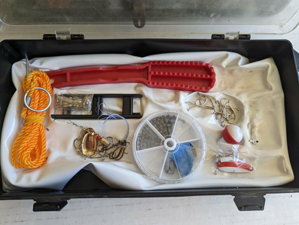 Vintage Metal Tackle Box with Fishing Items Included for Sale in