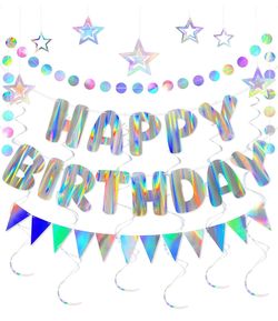 Iridescent Birthday Decorations with Holographic Pre-Strung Happy Birthday Banner, Swirl Streamers, Pennant Flags & Dot Garland, Rainbow Birthday Part