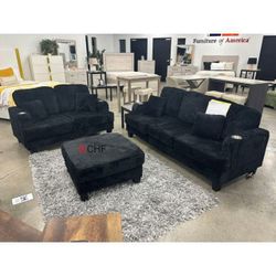 Black  / Beige  / Dark Gray Corduroy 2 Piece Sofa And Loveseat Set With Ottoman  // July 4th Sale 
