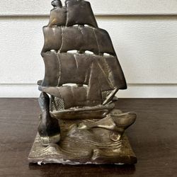 Vintage Mid-Century Brass Sailing Ship Bookend Decor Art