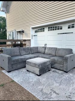 SLIGHTLY USED MODERN AND STYLISH GREY SECTIONAL CURDUROY SOFA WITH STORAGE OTTOMAN and RUG