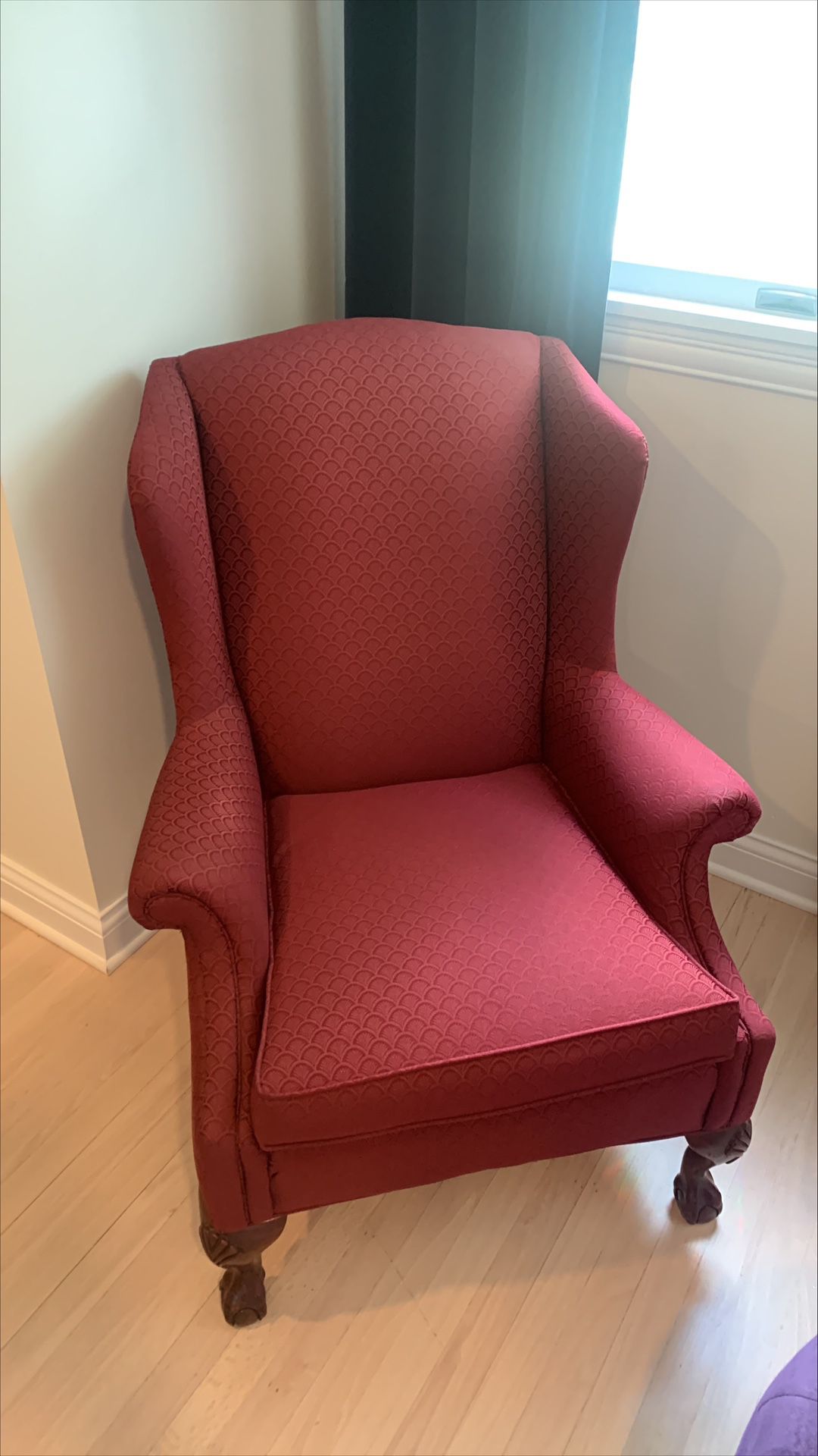 TWO Brick Red Shell Upholstered Wing Chairs