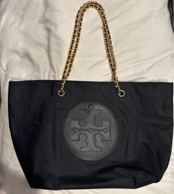 TORY BURCH Nylon Logo Chain Tote Bag Women Black Gold
