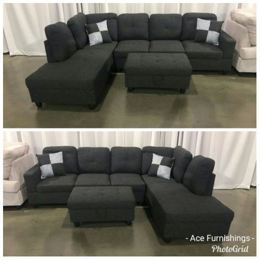Brand New Charcoal Gray Linen Fabric Sectional With Storage Ottoman