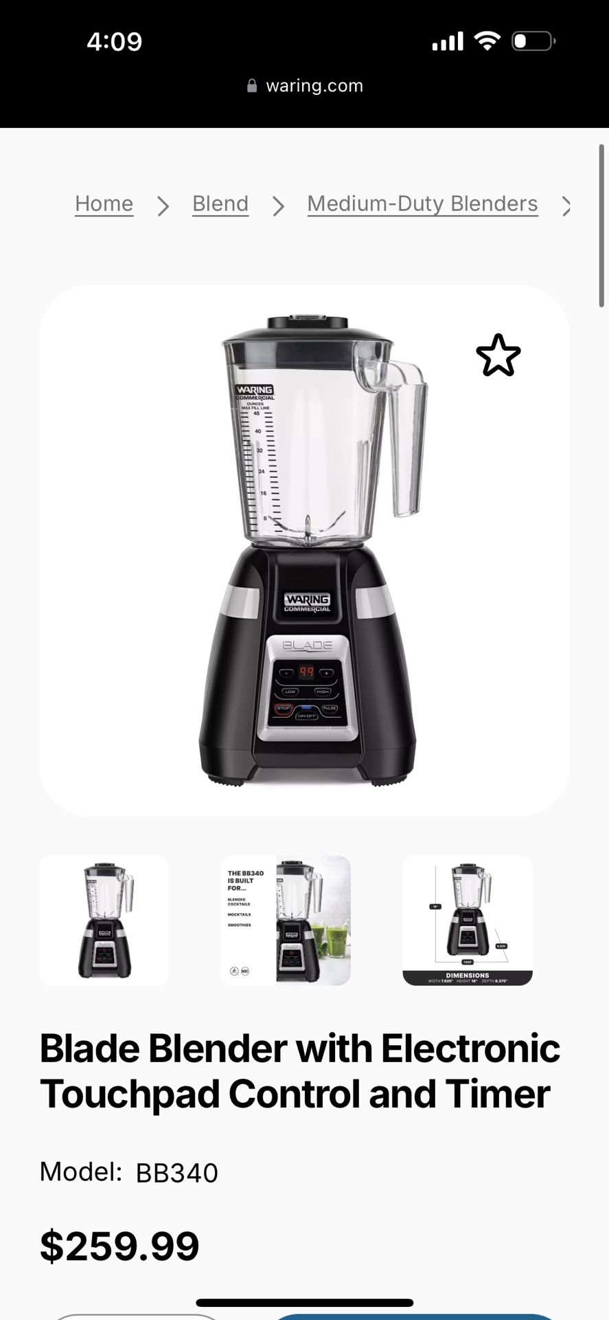 Waring Commercial BB300 Blade 1 HP Blender Toggle Switch Controls with Pulse feature with 48 oz BPA Free Copolyester Stacking Container,