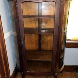 1920 Antique China Closet Cabinet Curved Glass Sides Oak 4 Shelves