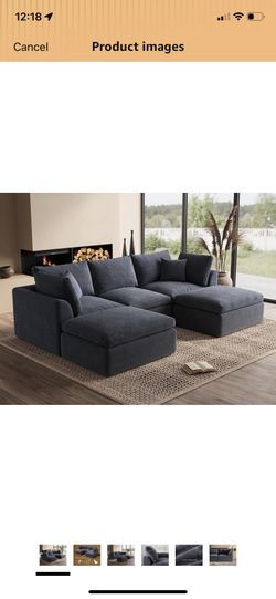 110" Cloud Sectional Couches for Living Room, Boneless U Shaped Couch with Ottoman, 3 Seater Modular Sectional Sofa, Dark Grey