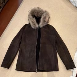 Blue Duck Brown Leather Hooded Jacket with Fur