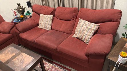 Red Fabric 3-Seat Sofa and love seat with a coffee table and a corner table