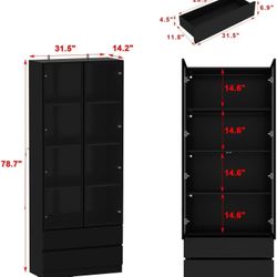 🥨Display Cabinet with 2 Glass Doors and Lights, Display Case Cabinet with 4-Tier Storage Shelves and 2 Drawers, Pop-up Design, for Collectibles
