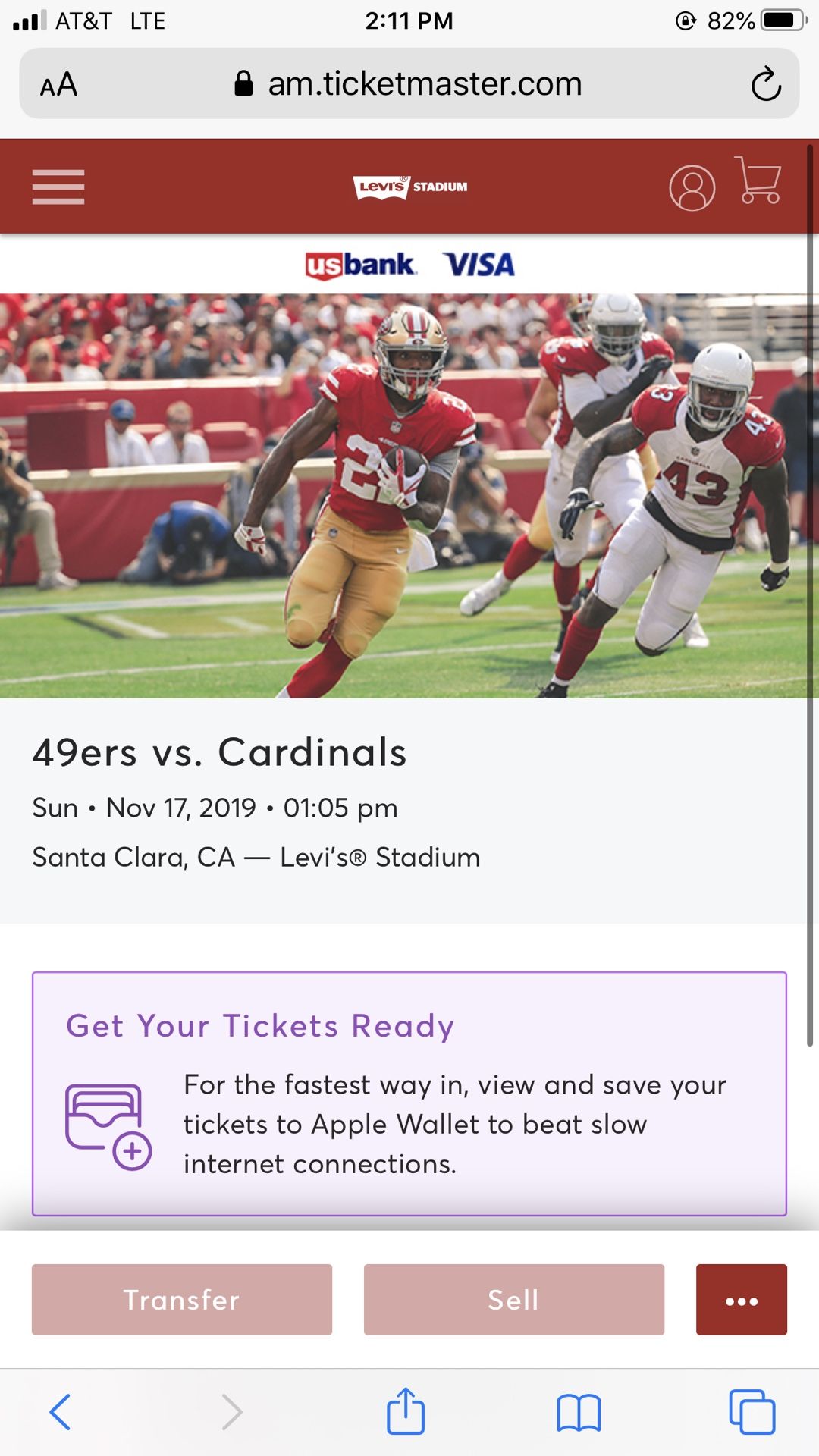 49er tickets vs cardinals Sunday section 141 11&12