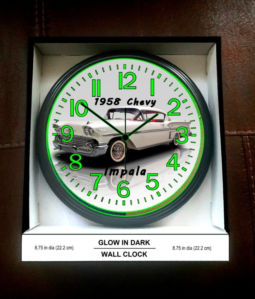 67499084.jpeg 1958 Chevy Chevrolet Impala Glow In The Dark Wall Clock New! display picture 1
