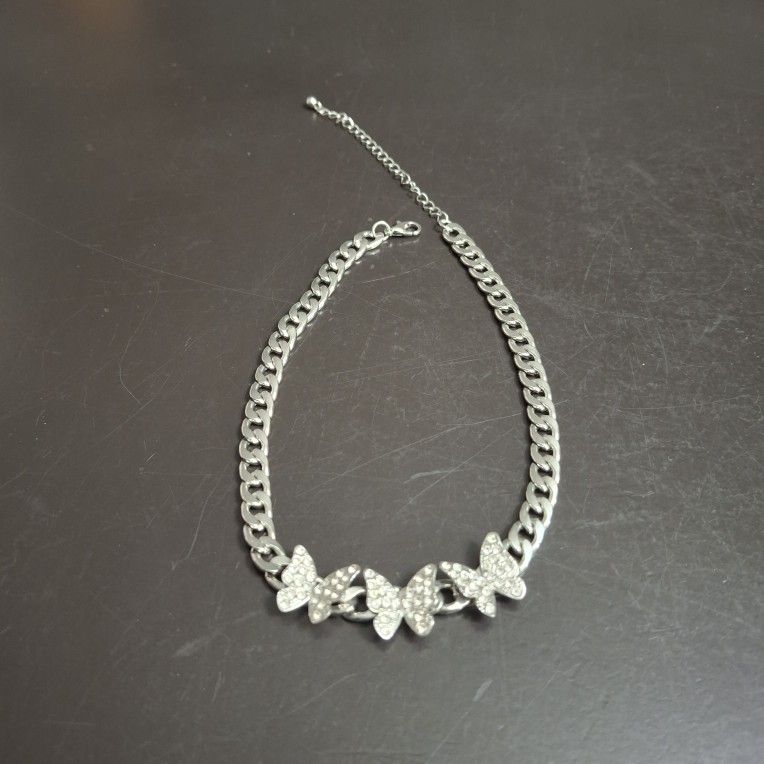 Silvertone Hip-Hop Style Cuban Link Choker Necklace With Rhinestone Butterfly Charms 12" W/3 Extra Inches Of Chain