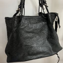 ISADORA ITALY TOOLED LEATHER PURSE BLK LARGE TOTE MSRP $425