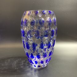 Blue and Clear Glass Thumbprint Vase 8.25” Tall 5” Wide small chip as shown in pic