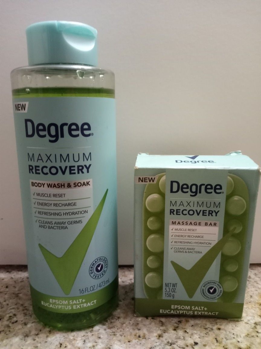 DEGREE MAXIMUM RECOVERY EPSOM SALT + EUCALYPTUS EXTRACT BODY WASH/SOAK, AND MASSAGE BAR SOAP