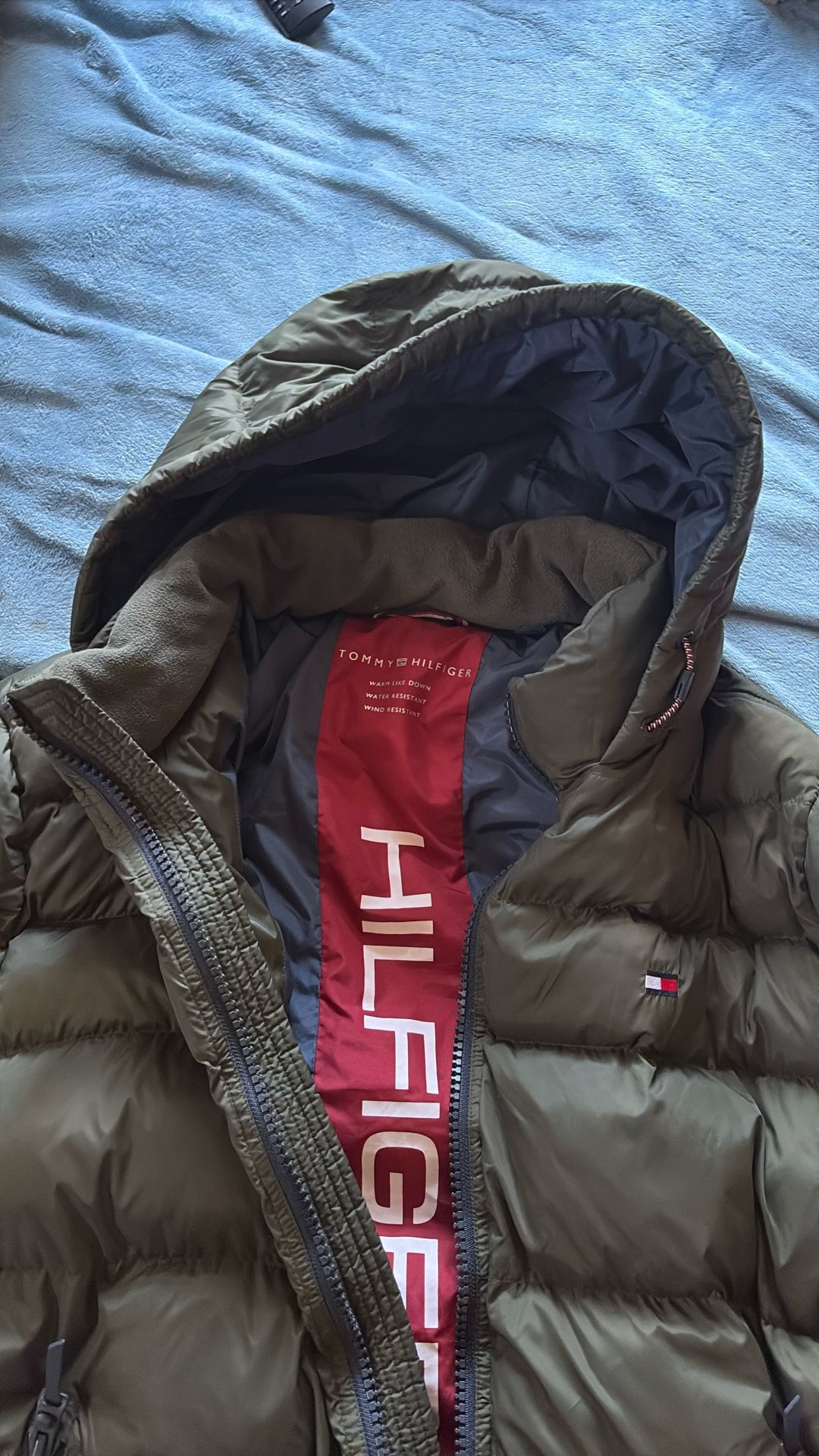 TOMMY HILFIGER MENS XXL HOODED WATER RESISTANT PUFFER OLIVE