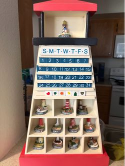 Wooden Light House Wall Shelf Calendar with Ceramic Month Lighthouses, and Dates